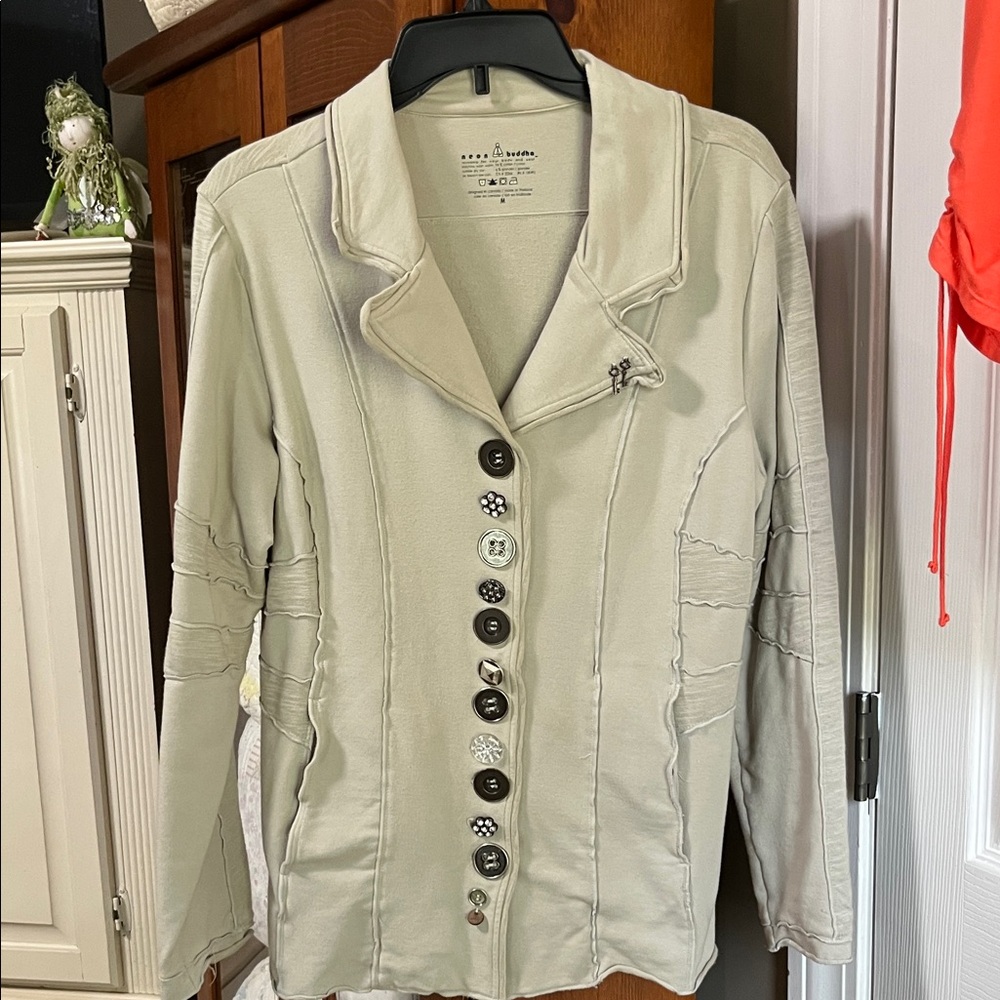Neon Buddha light mint green Blazer with Unique Button Design